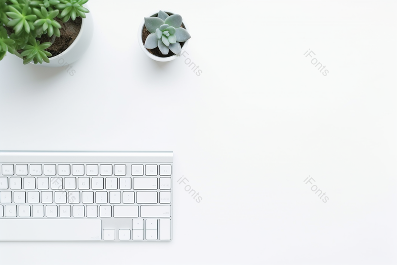 白色桌面和键盘的绿植的创意学习办公桌面摆拍,高清,摄影图,摄影图片,图片大全,摄影图免费下载